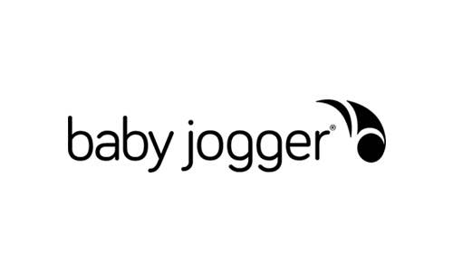 Logo med teksten 'baby jogger' i sort med et stiliseret symbol til højre.
