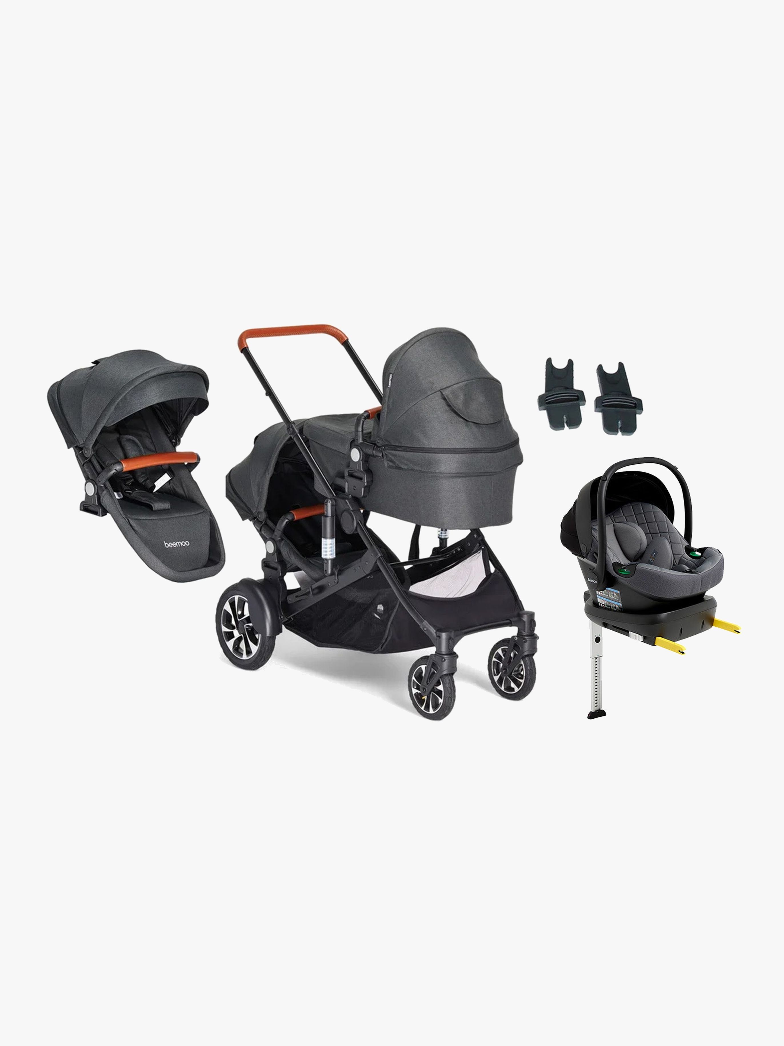 Beemoo Maxi 4 Twin Søskendevogn inkl. Ekstra Søskendesæde & Route i-Size Autostol Baby & ISOFIX Base, Black/Mineral Grey