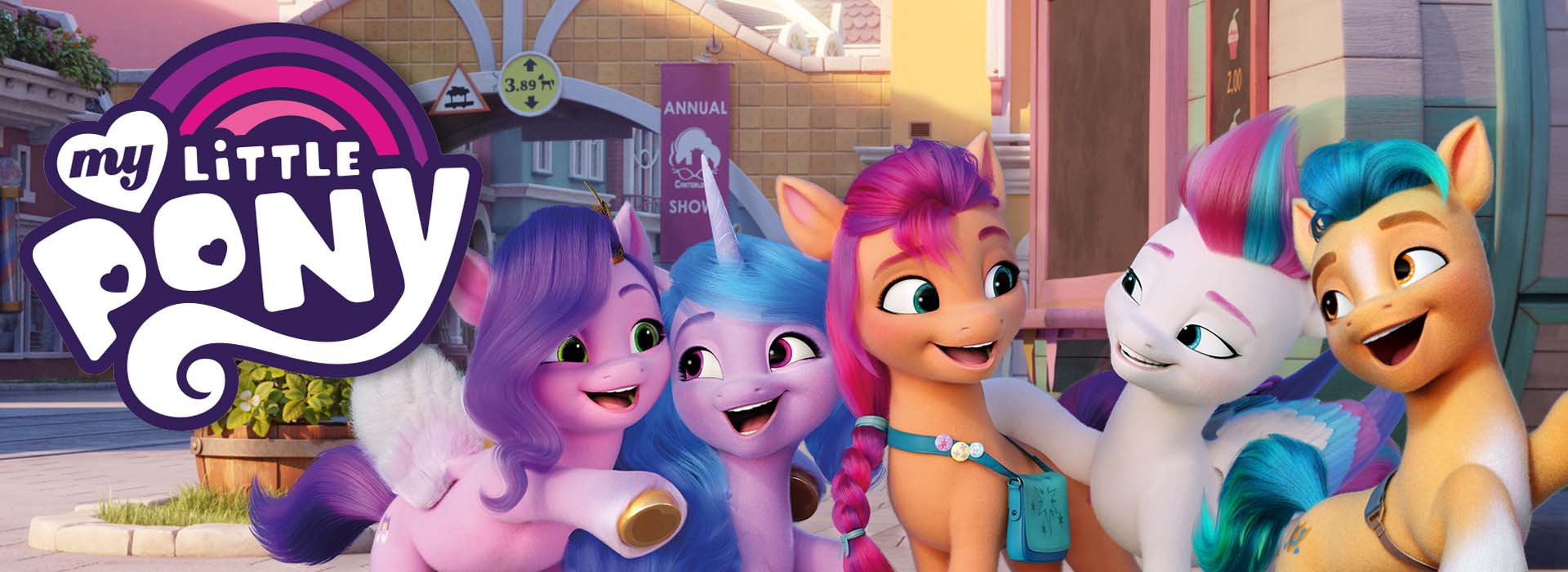 Fem farverige ponyer står sammen og ser glade ud foran en bybaggrund.