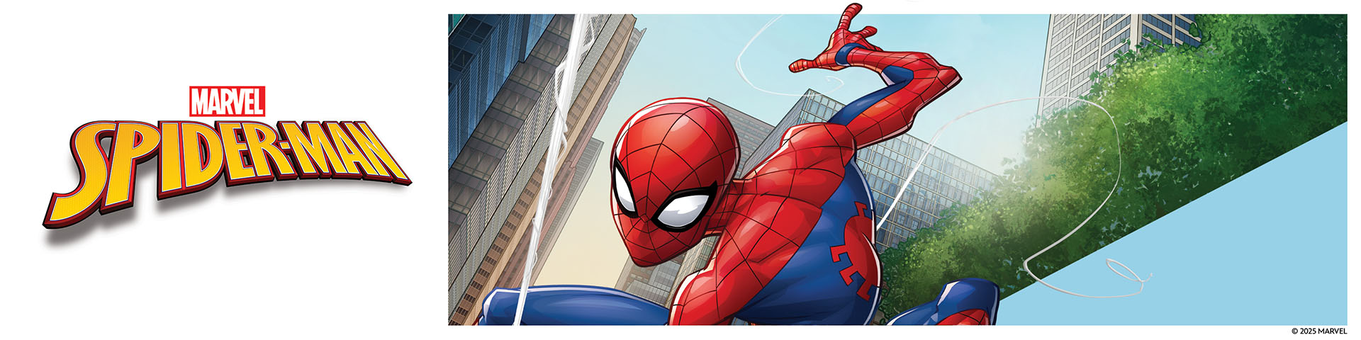 Spider-Man svinger sig gennem byen med teksten 'MARVEL SPIDER-MAN'.
