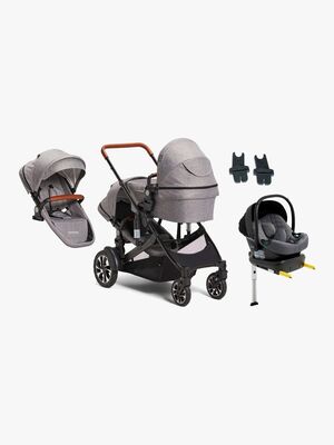 Beemoo Maxi 4 Twin Søskendevogn inkl. Ekstra Søskendesæde & Route i-Size Autostol Baby & ISOFIX Base, Grey/Mineral Grey
