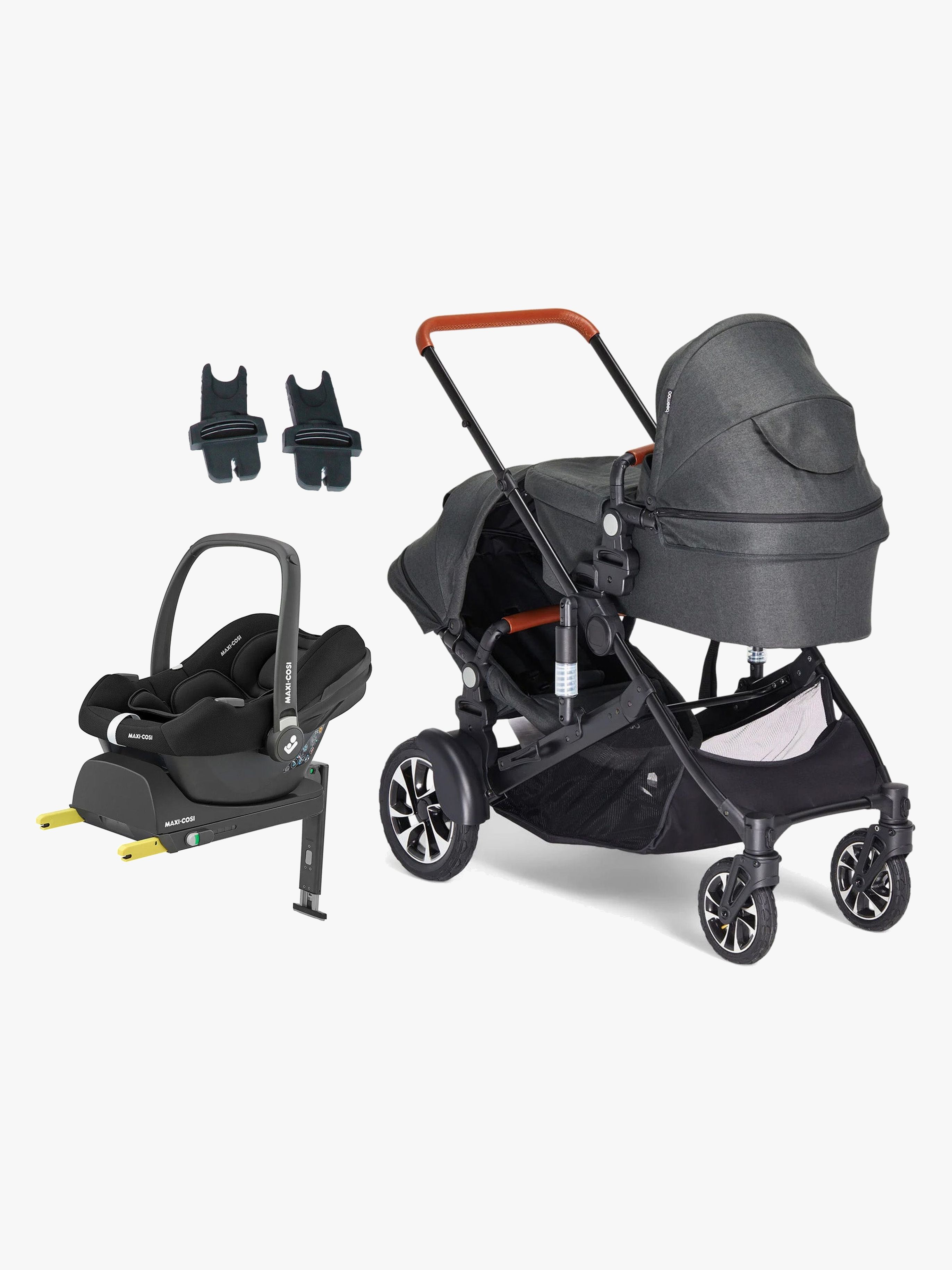 Beemoo Maxi 4 Twin Søskendevogn inkl. Maxi-Cosi CabrioFix i-Size Autostol Baby & Base, Black