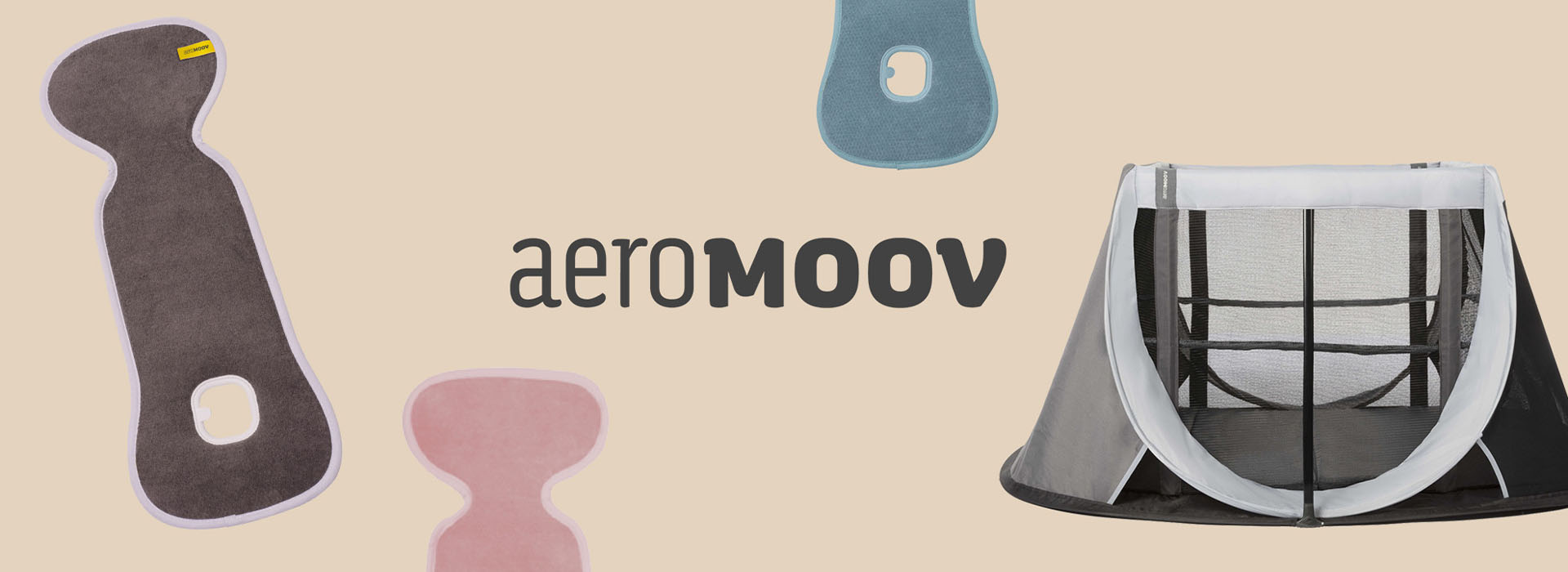 AeroMoov logo og sædepuder med rejseseng i baggrunden.