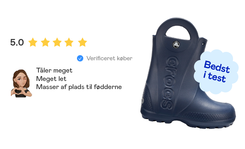 Blå Crocs støvle med håndtag, omgivet af stjernerangering og positiv anmeldelse.