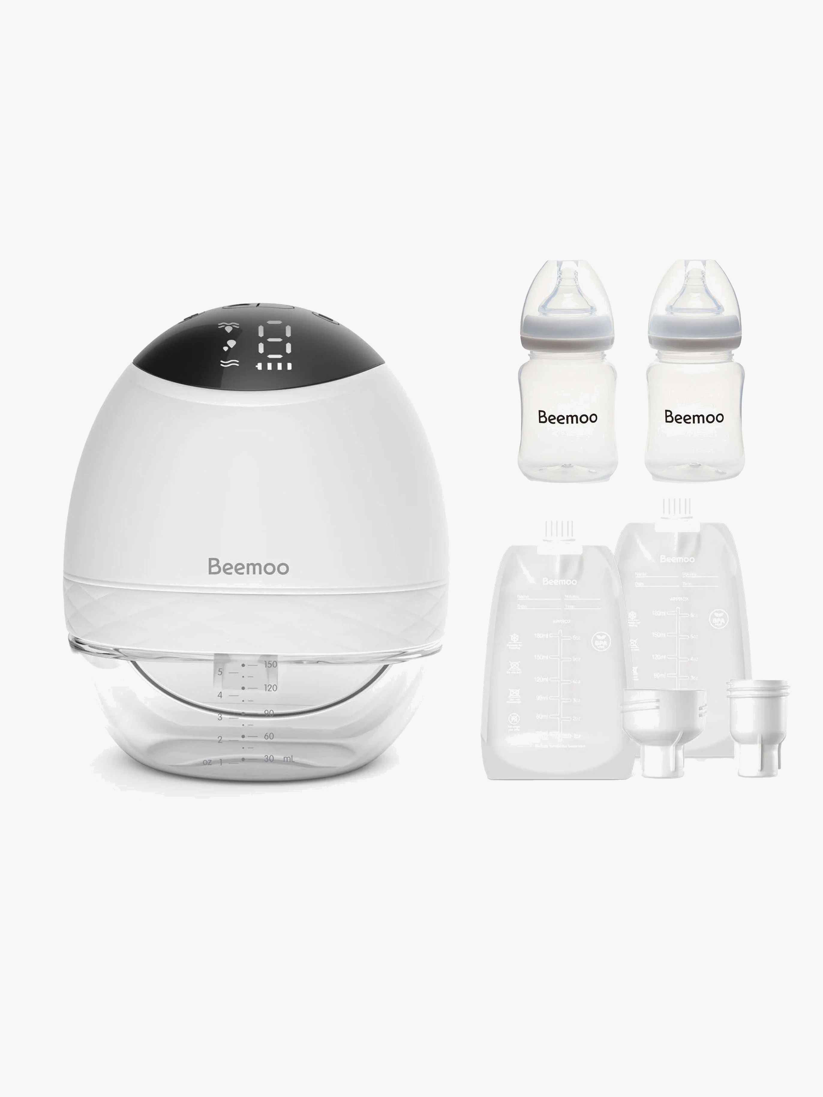 Beemoo CARE Wearable LED Elektrisk Brystpumpe Single inkl. Modermælksposer 30-pak & Flasker 2-pak