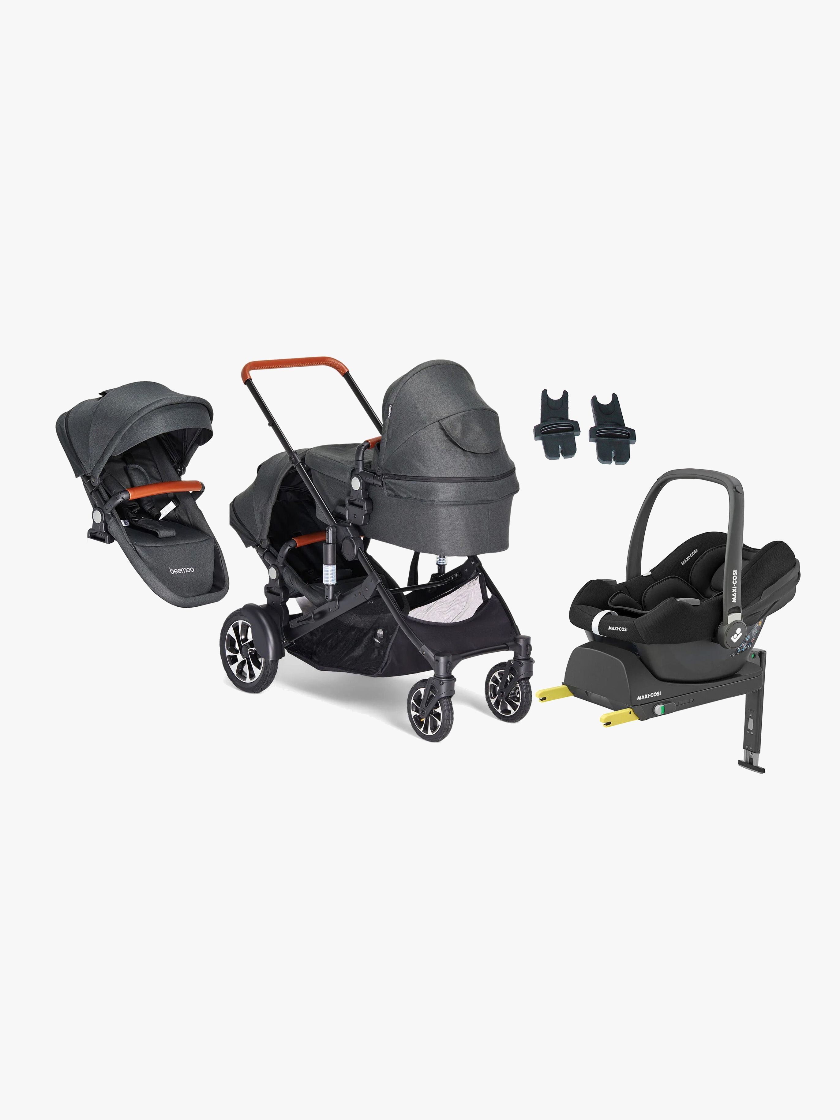 Beemoo Maxi 4 Twin Søskendevogn inkl. Ekstra Søskendesæde & Maxi-Cosi CabrioFix i-Size Autostol Baby & Base, Black