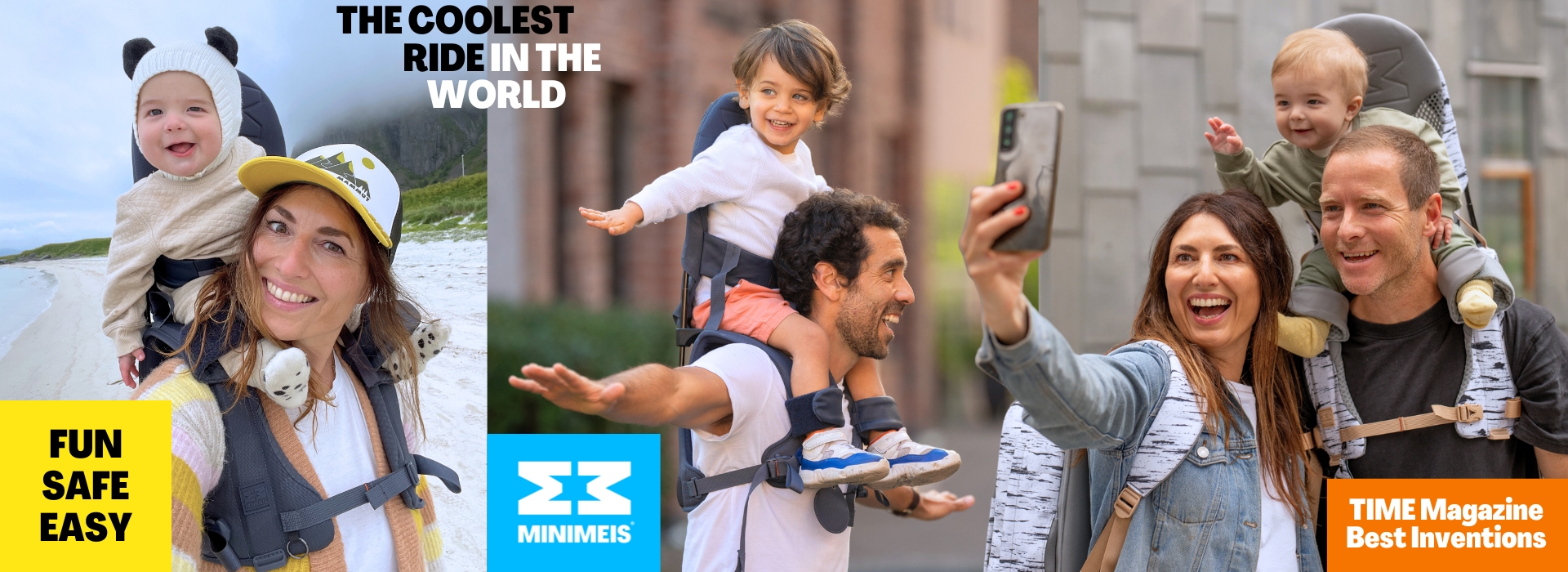 Forældre bærer glade børn i bærestole under forskellige udendørsaktiviteter.