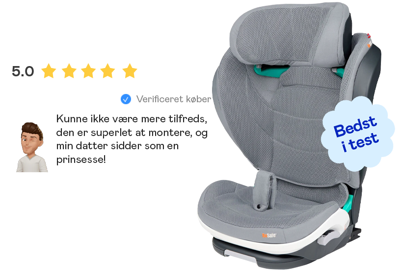 Bilbarnestol med anmeldelse og vurdering. Tekst: 'Bedst i test.'