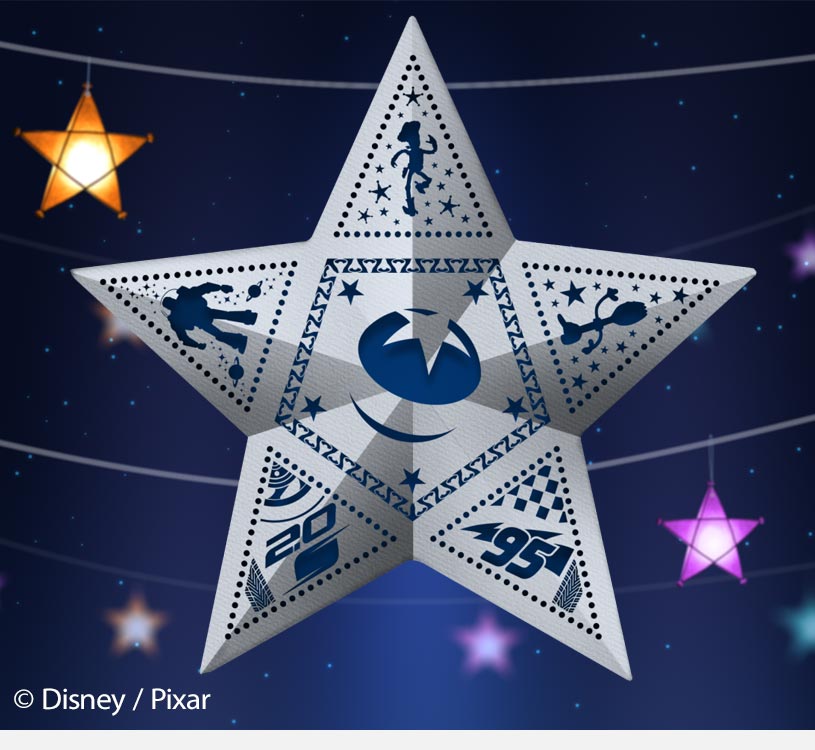 En stjerne med silhuetter af figurer og numrene 20 og 95 mod en stjernehimmel.