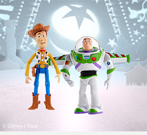 Toy Story-figurerne Woody og Buzz står foran en stjernebagtæppe.