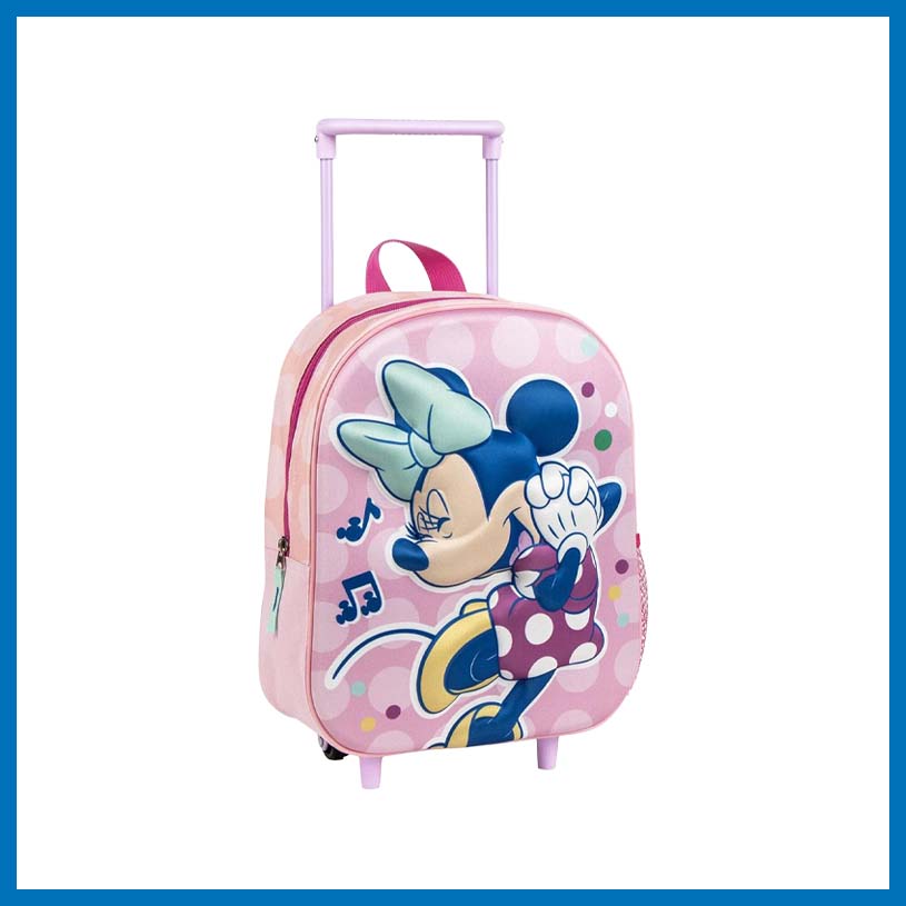 Lyserød kuffert med Mimmi Pigg, der holder en hånd op og synger, med musiknoter.