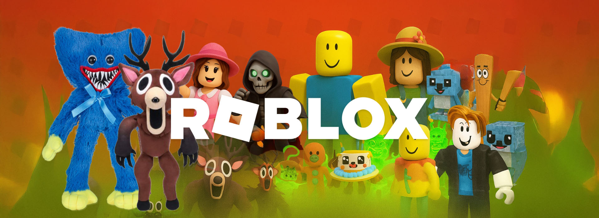 Farverig samling af Roblox-figurer med teksten 'ROBLOX' i midten.