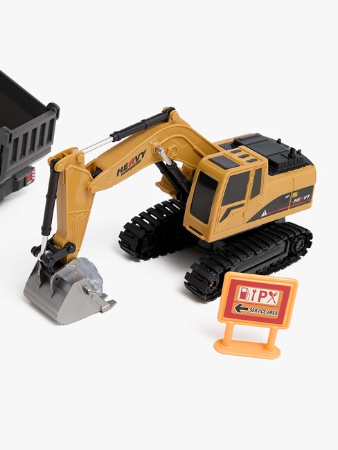 Alex's Garage Legetøjssæt med Radiostyret Gravemaskine, Lastbil og Manuel Løftekran 42 cm