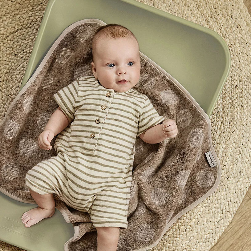 Puslebord med elefantmønster, sut og bløde legetøj.