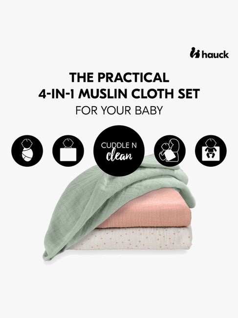 Hauck Cuddle N Clean Tæppe/ Stofble i Musselin 3-pak, Sage/Beige/Dots/Cork