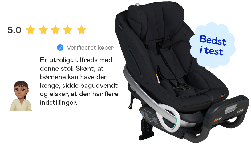 Autostol med fem stjerner og tekst 'Bedst i test'.