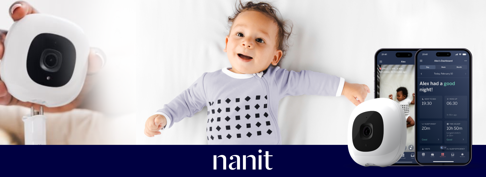 Baby og overvågningskamera med app og statistiksider på telefoner.