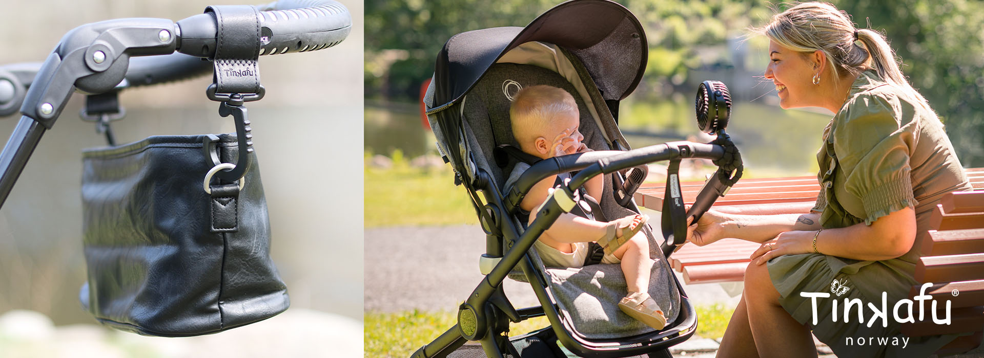 Barnevogn med baby, mor smiler på en bænk, Tinkafu taske på vognen.