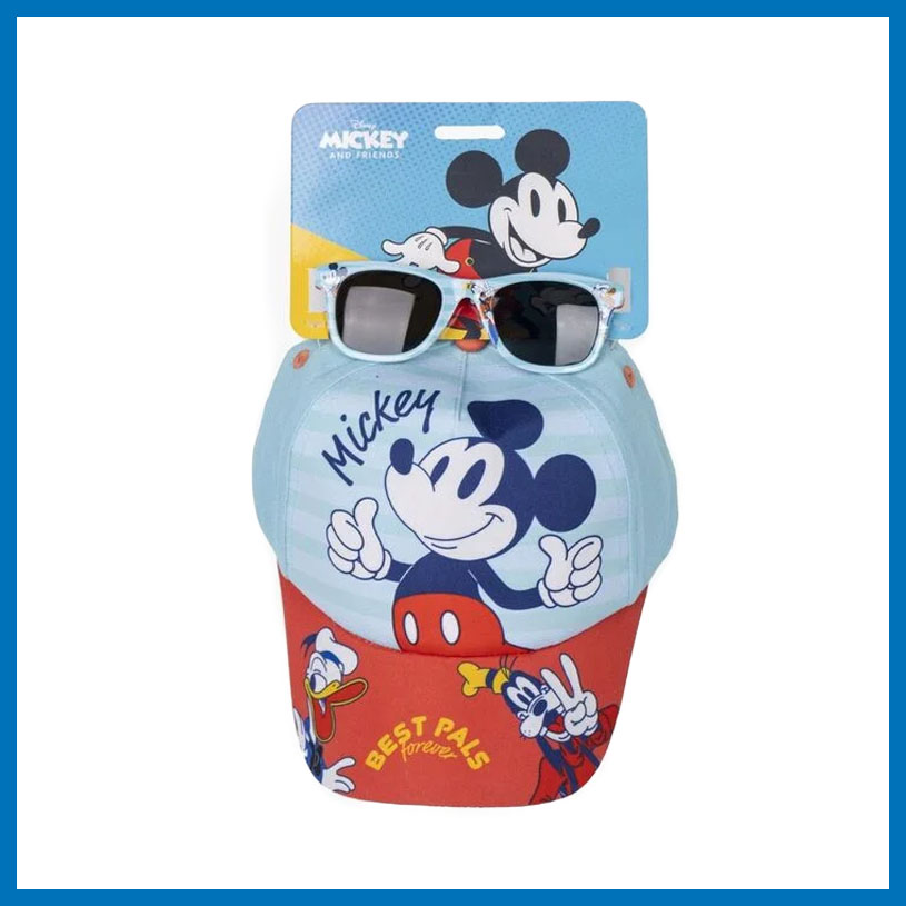 Mickey Mouse kasket med solbriller, med teksten 'Mickey and Friends'.
