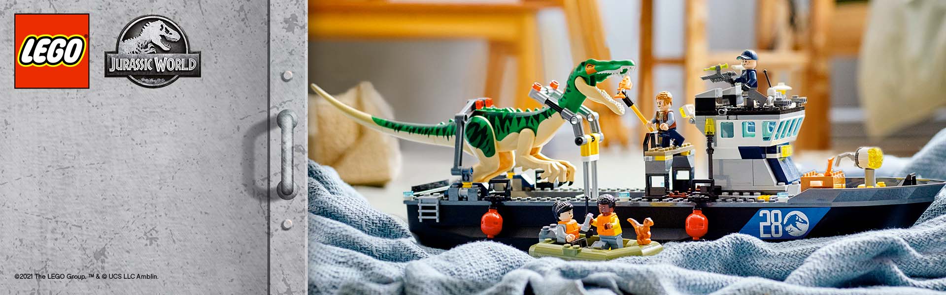 LEGO-båd og dinosaur i Jurassic World-lege.