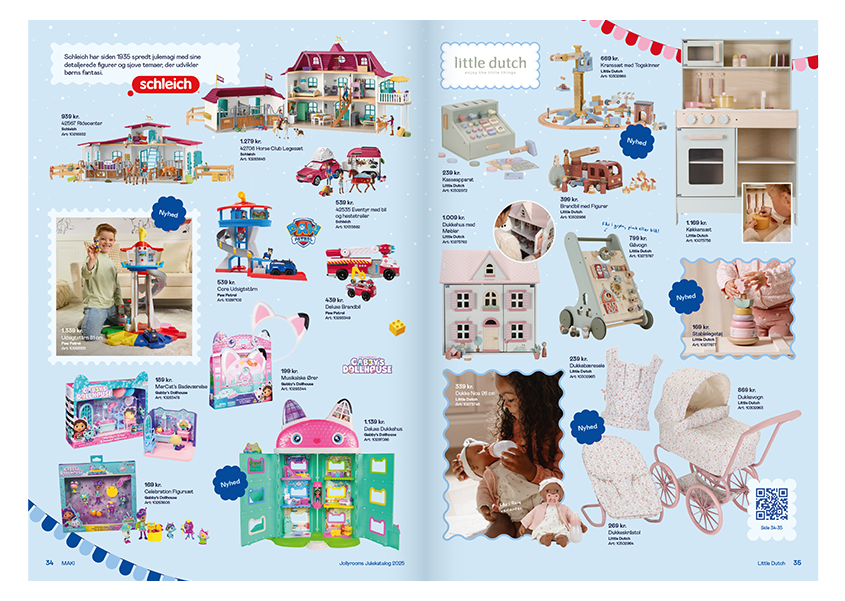 Opslag med dukkehus, legekøkken, barnevogn, dukker og Schleich-figurer. Synlige tekster: 'Schleich', 'Little Dutch'.