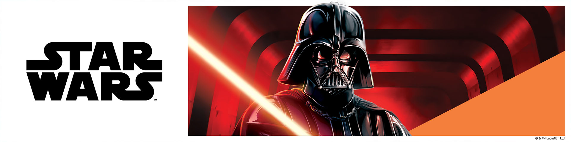 Darth Vader holder et lyssværd med teksten 'STAR WARS'.