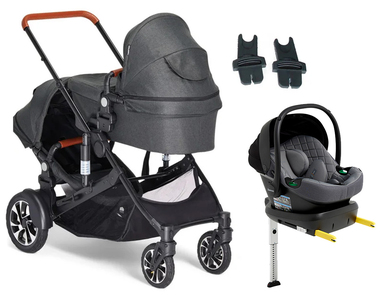 Beemoo Maxi 4 Twin Søskendevogn inkl. Route i-Size Autostol Baby & ISOFIX Base, Black/Mineral Grey