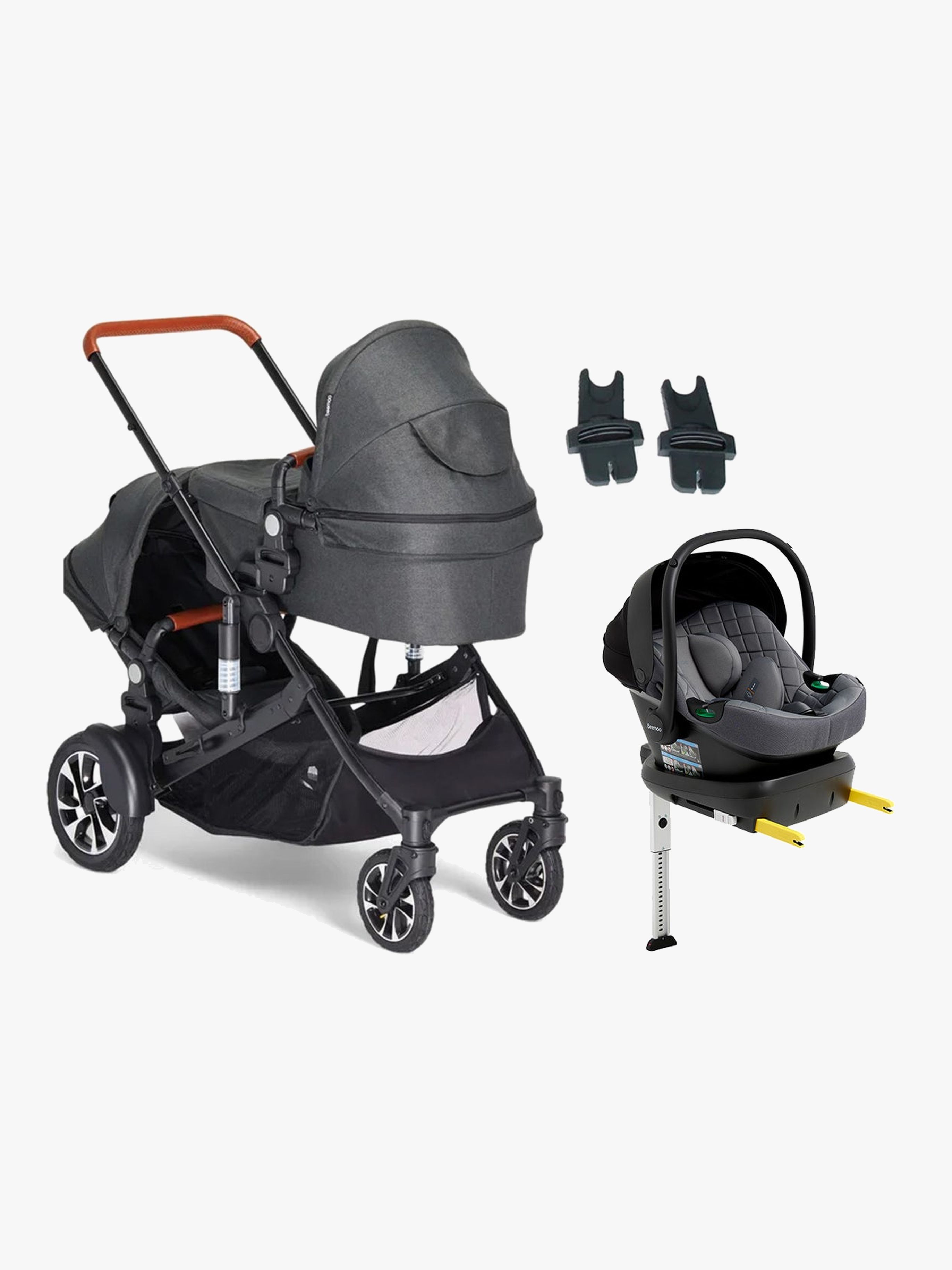 Beemoo Maxi 4 Twin Søskendevogn inkl. Route i-Size Autostol Baby & ISOFIX Base, Black/Mineral Grey