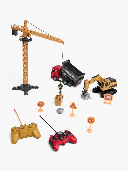 Alex's Garage Legetøjssæt med Radiostyret Gravemaskine, Lastbil og Manuel Løftekran 42 cm