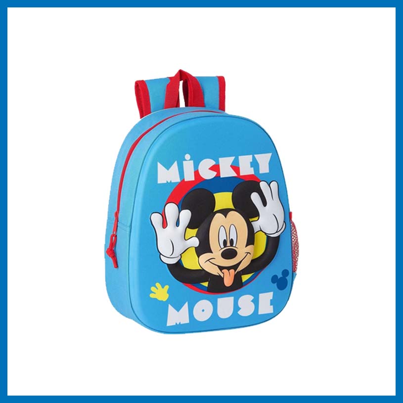 Blå rygsæk med Mickey Mouse og teksten 'MICKEY MOUSE'.