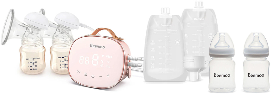 Beemoo Care Duo Elektrisk Dobbelt Brystpumpe inkl. Modermælksposer & Modermælksflaske 180 ml 2-pak