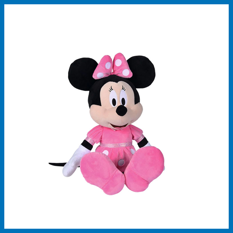 Minnie Mouse krammedyr i pink kjole med hvide prikker.