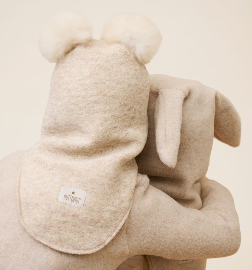 Huttelihut Elefanthue Merinould med Pomponer, Sand Melange
