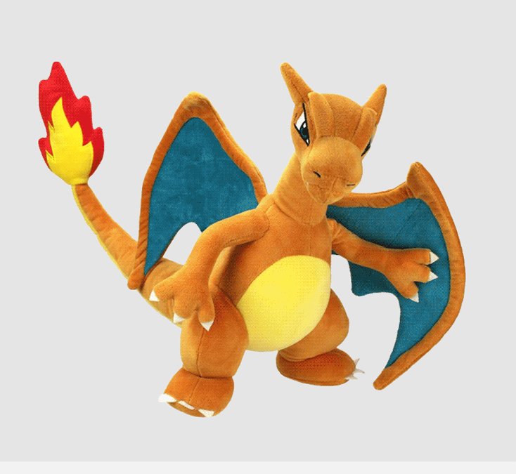 Orange dragelegetøj med blå vinger og flammende hale.