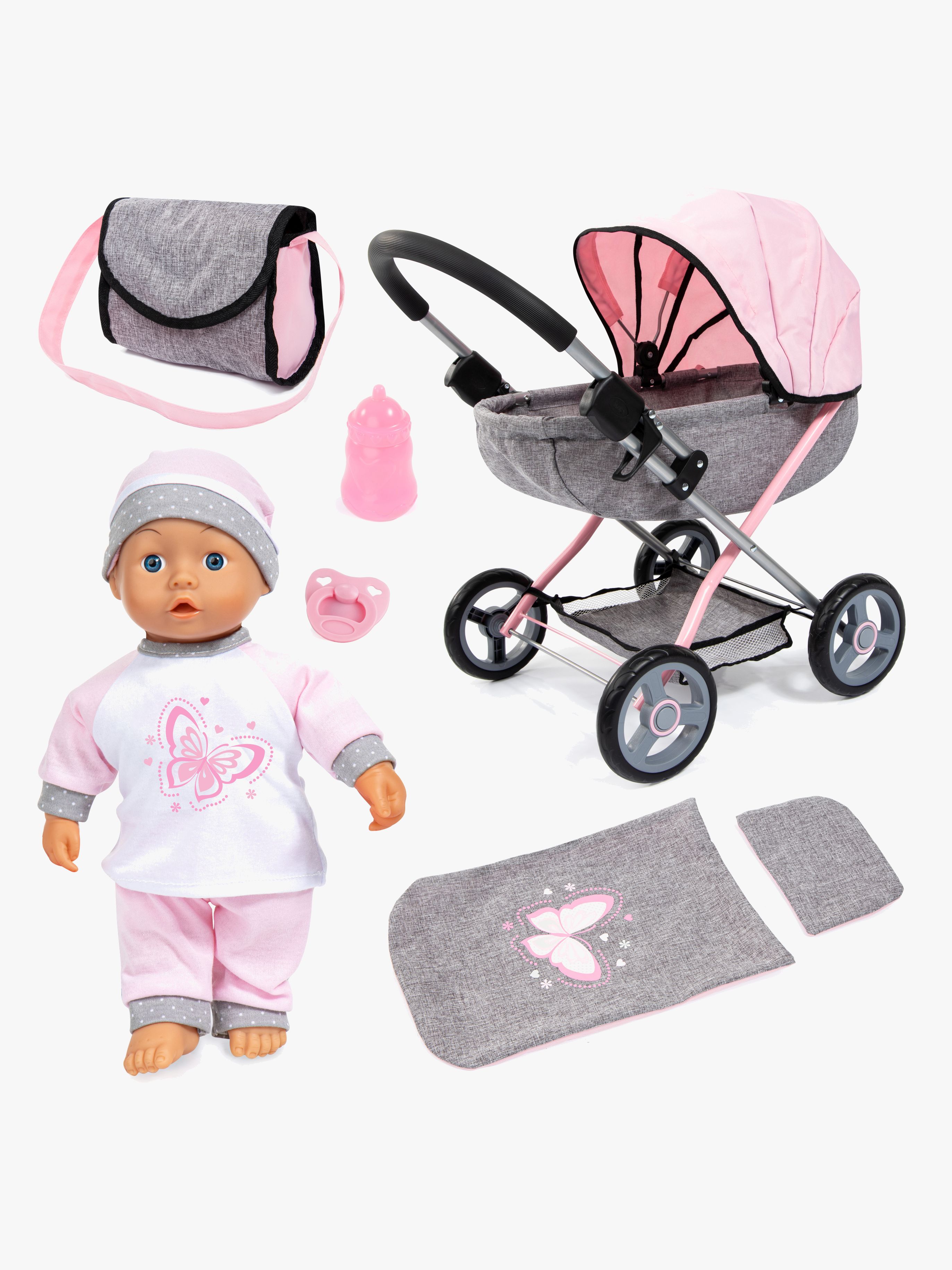 Bayer Design Dukkevogn Cosy Set med Dukke, Grå/Lyserød