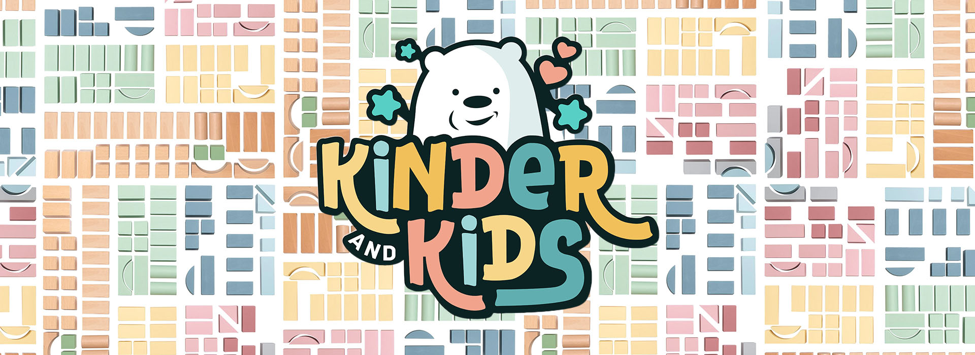 Logo med isbjørn og farverige geometriske former i baggrunden.