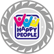 Logo med farverige figurer og teksten 'Happy People' inde i en cirkel.